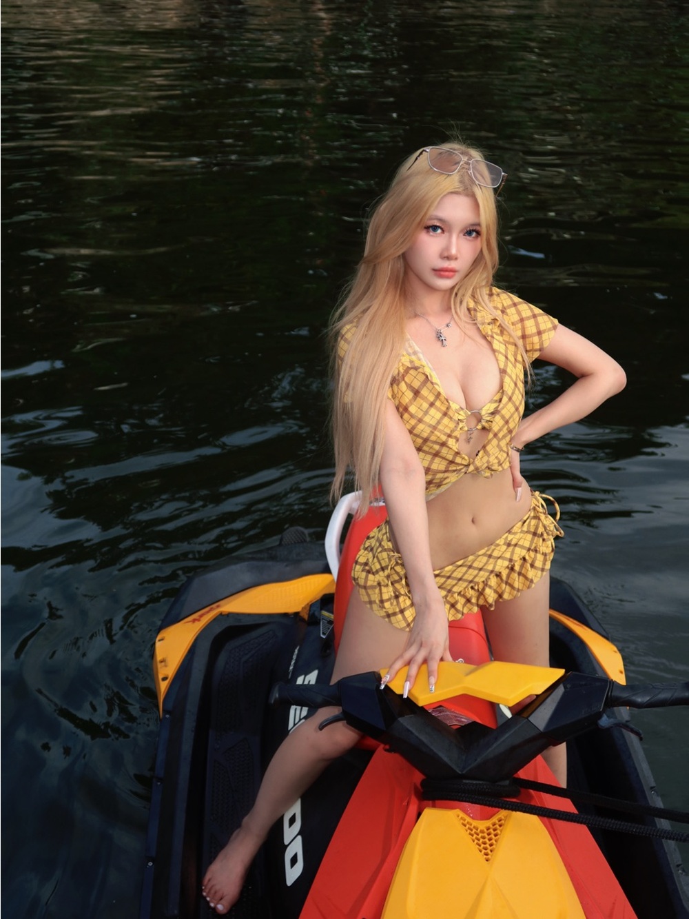 Yellow Plaid Four-Piece Swim Set - Women Swim